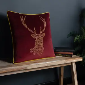 furn. Forest Fauna Embroidered Woodland Stag Velvet Feather Filled Cushion