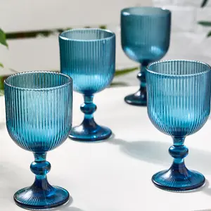 Set of 8 Vintage Luxury Blue Ribbed Drinking Wine Glass Wine Goblets 360ml