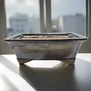 26cm Glazed Bonsai Pot - Rectangle - 26cm x 21cm x 9cm - Silver