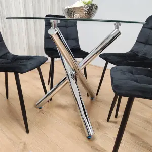 Round Chrome Metal and Clear Glass Dining Table and 4 Black Tufted Velvet Chairs Kitchen Dining Set