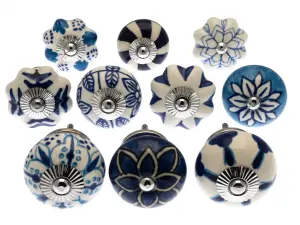 MangoTreeKnobs -  Mixed Set of Blue and White Ceramic Cupboard Knobs x Pack 10 (MG-203)