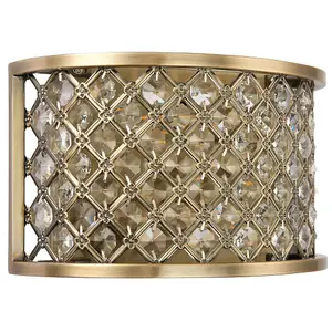 Crystal Cage Wall Light Brass & Glass Shade Modern Twin Bulb Lounge Lamp Fitting