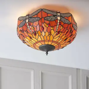 Tiffany Glass Semi Flush Ceiling Light Flame Dragonfly Inverted Shade i00045