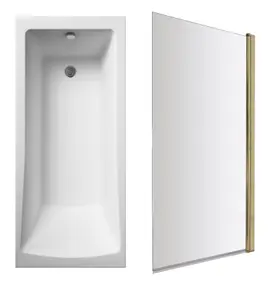 Square Single Ended Bath and Brushed Brass Bath Screen - 1700 x 700mm