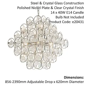 Polished Nickel Tiered Ceiling Pendant Light - Ornate Crystal Details - 14 Bulb