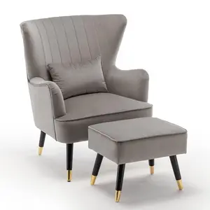 Velvet Light Grey Camila Accent Wingback Chair with Footstool