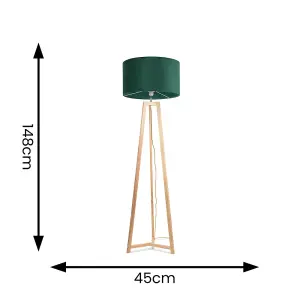 ValueLights Lottie Natural Wood Tripod Floor Lamp with Forest Green Velvet Drum Shade