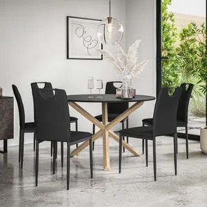 Malvern Round Dining Table And Chairs -  Black Table Top w Solid Oak Legs + Monza Faux Leather Dining Chair Set Of 6 (Black)