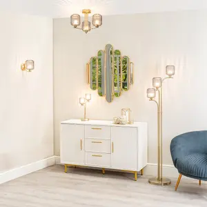 ValueLights Amelie Pair of - Gold Curved Bar Wall Light with Smoked Ribbed Glass Shade