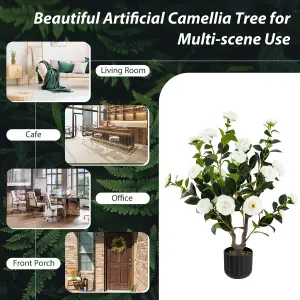 Costway Artificial Camellia Tree Faux Flower Plant Pot Artificial Tree 24 White Flowers