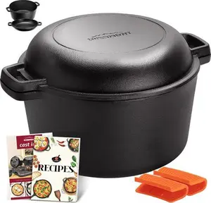 Overmont 2 in 1 Cast Iron Dutch Oven With Cookbook Recipe 5 QT Dutch Oven Pot + 1.6 QT Dual Function Skillet Lid Pre Seasoned With Handle Covers For