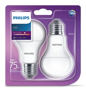 2 x Philips LED Frosted E27 Edison Screw 75w Warm White Light Bulbs Lamp 1055Lm