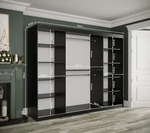 Elegant Black Geneva Sliding Door Wardrobe W2500mm H2000mm D620mm - Mirrored Doors, Gold Handles, Grand Storage