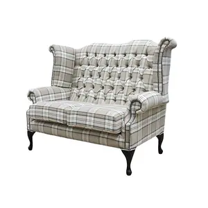 Chesterfield Handmade 2 Seater High Back Sofa Lana Beige Fabric In Queen Anne Style