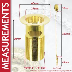 SPARES2GO Sink Basin Waste Luxury Slotted Brass Overflow Plug with Chain and Stay (40mm 1 1/4", Gold Finish)