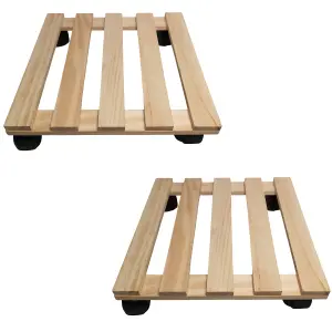 Pack of 2 35cm Square Wooden Garden Plant Pot Flower Trolley Stand On Wheels