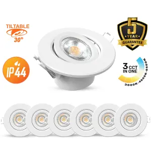 paul russells LED Downlight White Tilt Recessed Ceiling Spotlight  4.8W 480 Lumens, IP44, Colour Changeable CCT3 Pack of 6