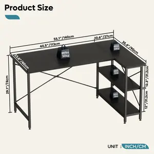 L-Shaped Desk (120 or 140cm x 90cm) Corner Desk with Adjustable Shelves by Aliff Black / 74cm H x 140cm W x 90cm D