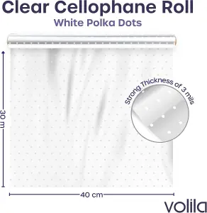 30m Polka Dot Cellophane Wrap Roll for Hampers, Clear Christmas Wrapping Paper for Gifts, Bouquets, & Baskets - 40cm Wide