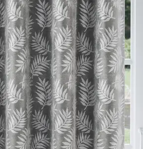 Oakland Grey Leaf Pattern, Thermal, Room Darkening Pair of Curtains with Eyelet Top - 90 x 90 inch (229x229cm)