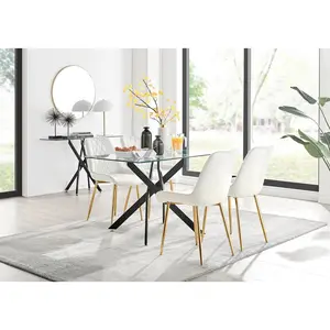 Lenworth Glass Rectangular Dining Table Set with 4 Luxury Velvet Chairs Cream/Gold / Black