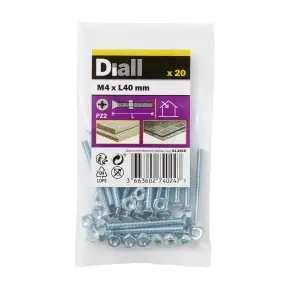 Diall M4 Pozidriv Countersunk Zinc-plated Carbon steel Machine screw & nut (Dia)4mm (L)40mm, Pack of 20