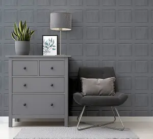 Fine Decor Square Faux Realistic Wood Panel 3D Effect Charcoal Wallpaper FD43001