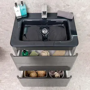 Marvel 600mm Floor Standing Bathroom Vanity Unit in Dark Grey Gloss with Grey Glass Basin