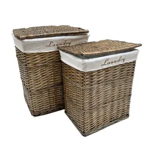 Wicker Rectangle Laundry basket With Cotton Lining + Lid Oak Brown Medium 40x29x48 cm,