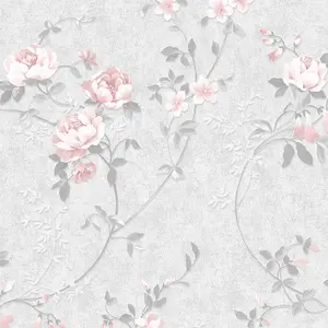 Muriva Pink & Grey Floral Mica effect Embossed Wallpaper