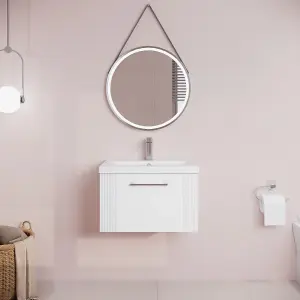 Retro 1 Drawer Wall Hung Vanity Unit with Mid-Edge 1 Tap Hole Ceramic Basin - 600mm - Satin White - Balterley