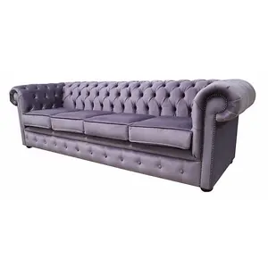 Chesterfield 4 Seater Sofa Malta Lavender Purple Velvet Fabric In Classic Style