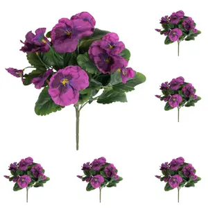 Blooming Artificial - 28cm / 1ft Purple Artificial Pansy Bush Multi-Pack