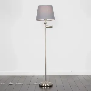 ValueLights Sinatra Adjustable Swing Arm Floor Lamp In Brushed Chrome Finish with Grey Light Shade