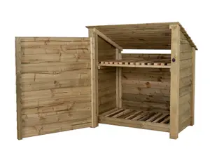 Wooden log store (roof sloping back) with door and kindling shelf W-119cm, H-126cm, D-88cm - natural (light green) finish