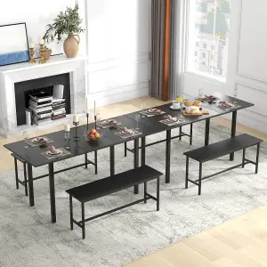 COSTWAY 3 Pcs 160cm Dining Table Set for 4-6 Extendable Kitchen Table Set w/ 2 Benches