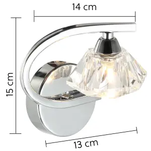 Single Right Curved Wall Light and Sconce, Clear Glass Shade, Polished Chrome Finish