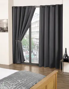 Charcoal Woven Thermal Blackout Eyelet Curtains 90 inch width x 90 inch drop