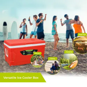 Royalford 50L Insulated Ice Cooler Box, 3 Layer Thermal Insulation Chiller Box, Portable Ice Box, Red