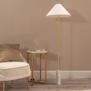 ValueLights Margot White Marble Base Floor Lamp with a Linen Tapered Lampshade - Bulb Included