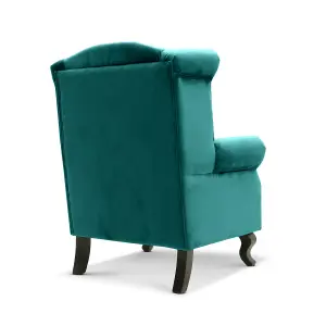 Velvet Wing Back Fireside Henley Chair Armchair with Buttons Teal Turquoise