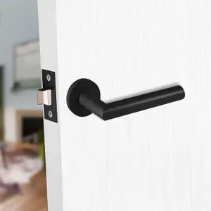 6 Pair of Mitred Design Door Handle On Round Rose Latch Door Handles 2.5" Latch Matt Black Finish  - Golden Grace