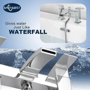 BATHWEST Square Waterfall Bath Taps with Shower Bath Mixer Taps with Shower Chrome Solid Brass Bathroom Sink Taps