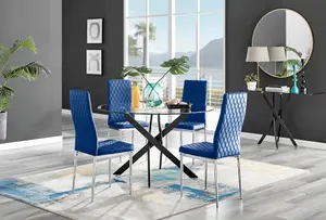 Furniturebox UK Novara Black Leg 120cm Round Glass Dining Table & 4 Navy Velvet Milan Chairs