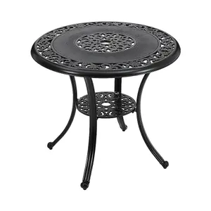 Black Round Cast Aluminum Outdoor Patio Dining Table with Umbrella Hole