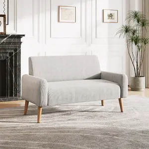 Beige 2 Seat Corduroy Sofa Double Sofa with Wooden Legs for Living Room Bedroom