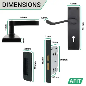 AFIT Black Victorian Scroll Door Handle Key Lock Set, Pair of Internal Lever Lock Handles on Backplate with Sash Lock 64mm & Keys