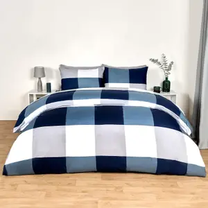 Gingham Check Duvet Cover Bedding Quilt Set Reversible, Navy - King