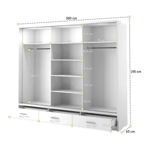 LUX XXIII - Modern Mirrored Sliding Door Wardrobe (H2150mm W2500mm D630mm) with Drawers and LED Lighting - White Matt