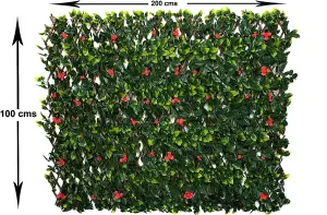 GreenBrokers Trellis Artificial Expanding Willow Fence with Green Leaf Foliage & Red Flowers-UV Stable (1m x 2m)